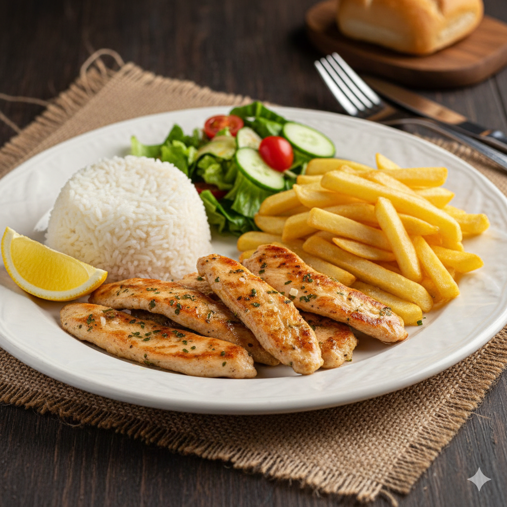Prato branco com tiras de frango grelhado, arroz, batata frita, salada verde e limão